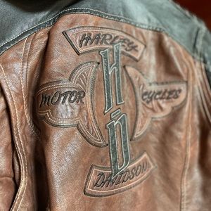 Brown and Black Leather Harley Davidson Jacket with Removable Hood